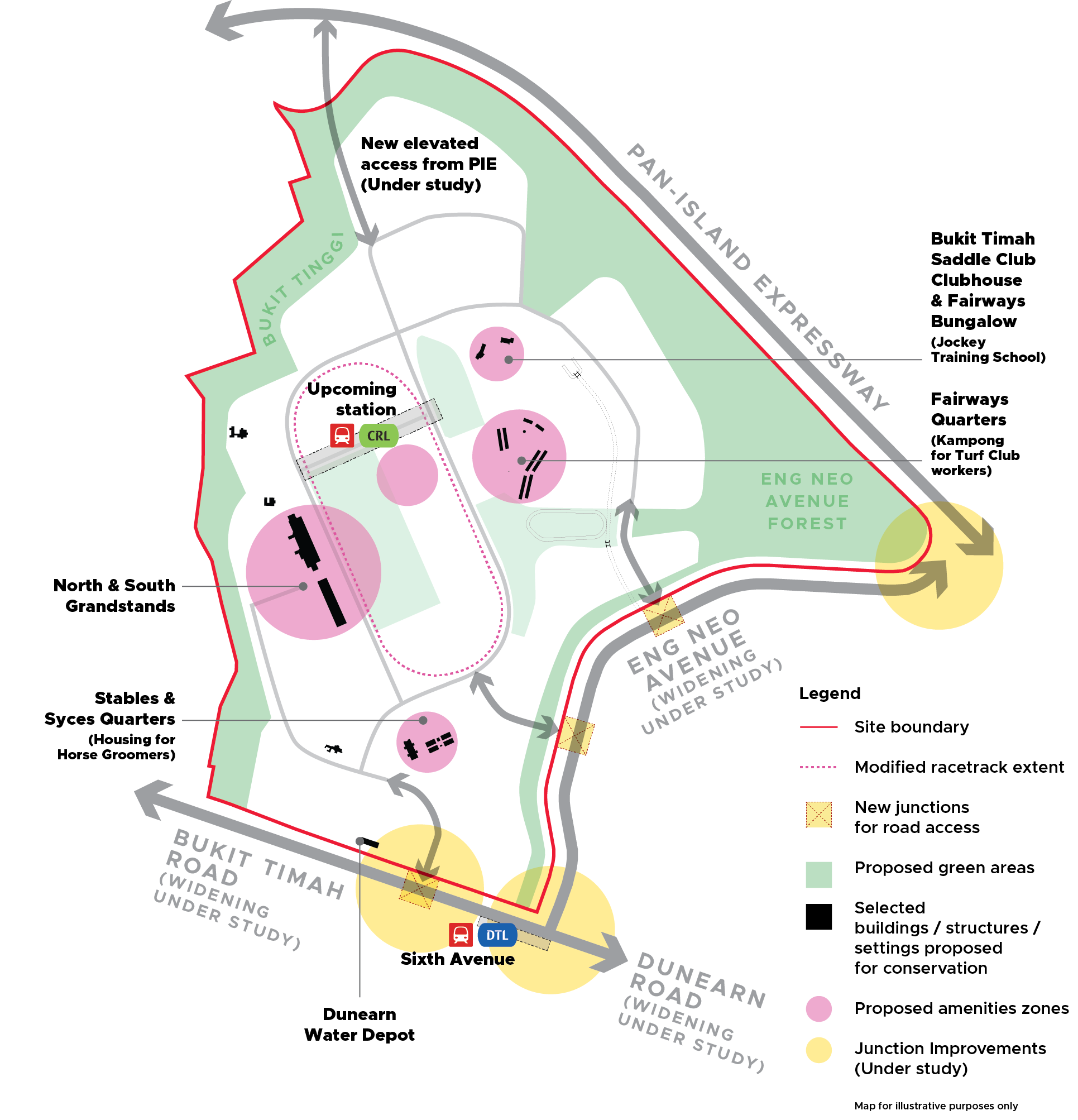Map of proposed buildings, greenery, roads, and site boundaries for a development project. Legend included.